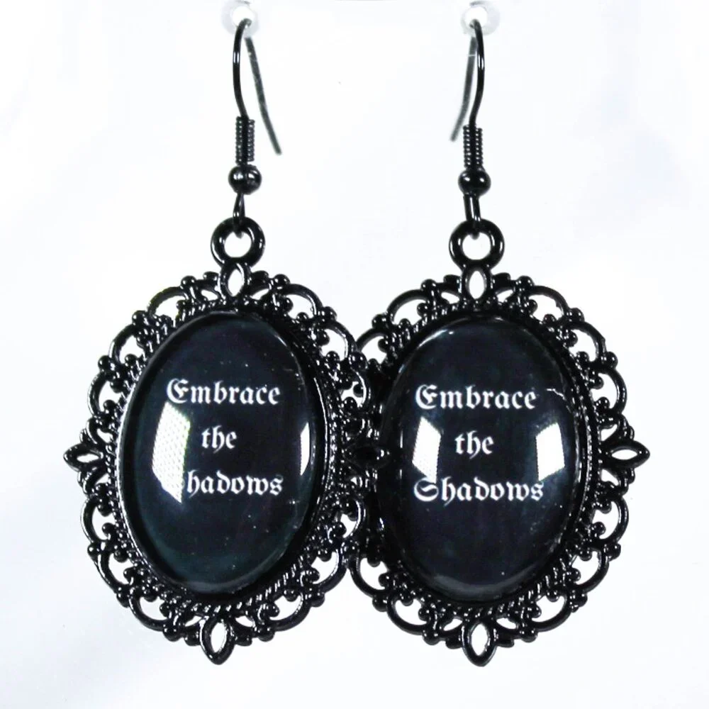 Gothic Quote Earrings – “Embrace the Shadows” Black Cameo Jewelry
